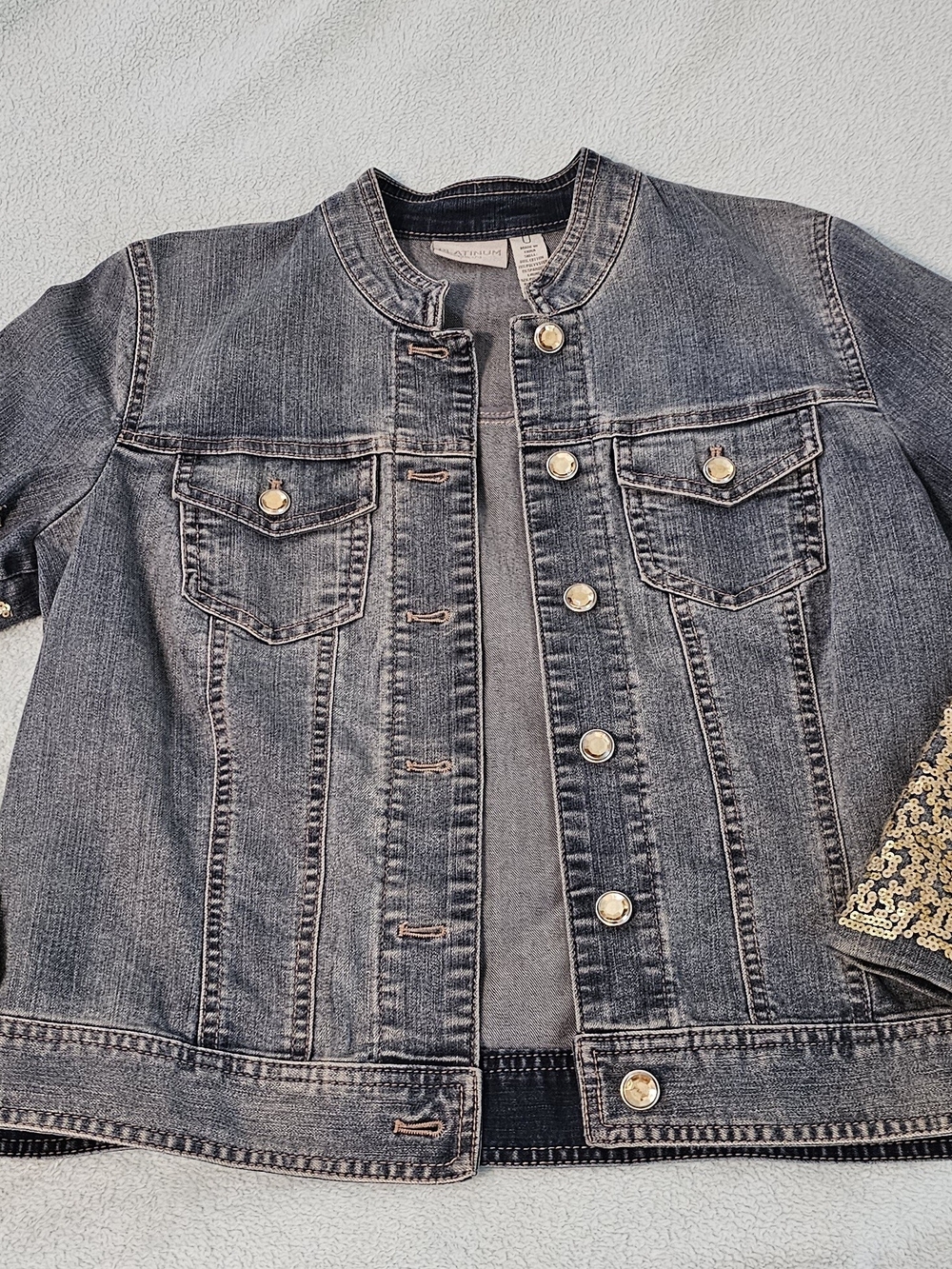 Chico's Gray Denim Jacket with Sequin Cuff Detail